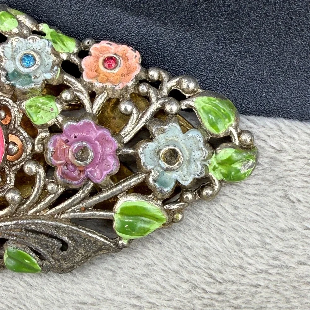 Vintage‎ Rhinestone Dress Clip Sliver Tone Enamel Flower Fruit Salad READ